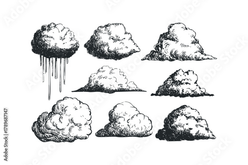 Collection of eight hand-drawn cloudy sketches