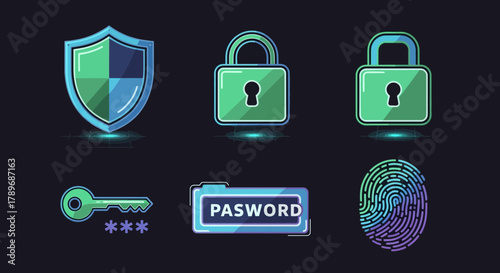 Cybersecurity icons for secure data protection, featuring shield, padlock, fingerprint and password for modern digital safety, originally a scalable vector graphic