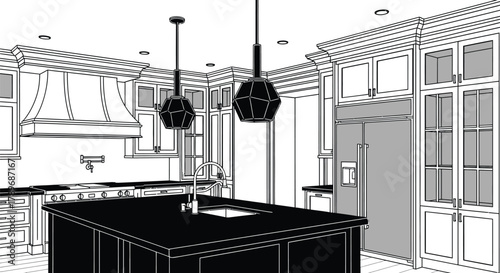 Modern kitchen design with sleek island and elegant cabinetry, showcasing architectural plans.