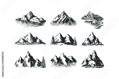 Collection of hand drawn mountain peaks and landscapes