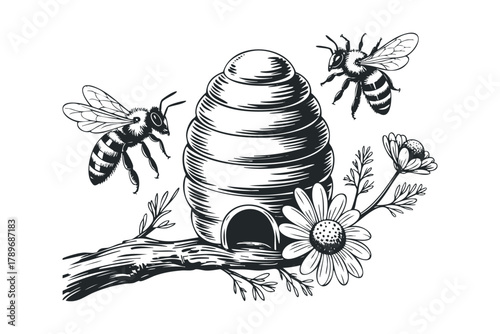 Two bees fly around a hive on a branch with a flower