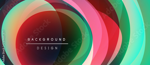 Abstract colorful layers create dynamic circular design. Text reads background design over red center. Modern visual element.