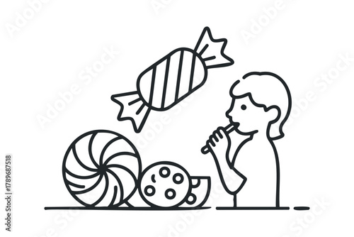 Child enjoys candy and lollipop