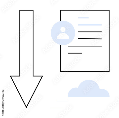 Downward arrow near user profile and document, cloud icon symbolizing digital file transfer and storage. Ideal for data sharing, cloud storage, file management, user interface, online services