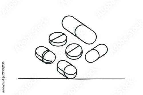 Several medicine capsules and tablets drawn with black lines