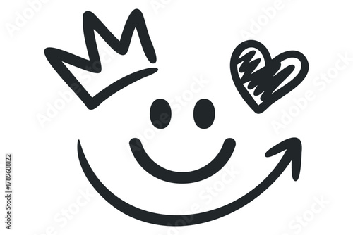 Happy Face Icon with Crown and Heart Symbol