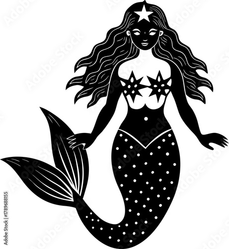 A stylized, black and white illustration of a mermaid, centered on a white background. The mermaid is depicted with long, wavy dark hair adorned with a flower. She appears to be a young woman, with a 