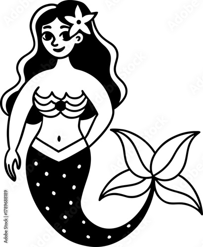 A stylized, black and white illustration of a mermaid, centered on a white background. The mermaid is depicted with long, wavy dark hair adorned with a flower. She appears to be a young woman, with a 