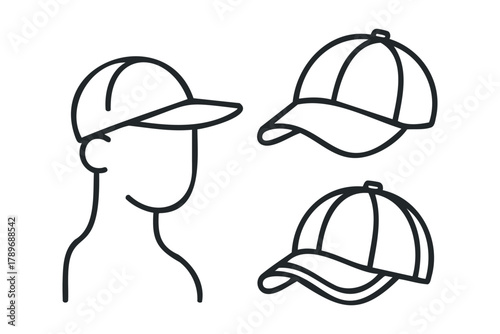 Line art depiction of a head wearing a baseball cap and two cap variations