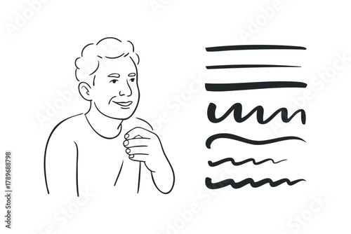 Man thoughtfully touching chin with abstract line markings