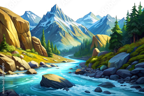 Cold alpine river rushing through rocky valley beneath snowy mountain peaks