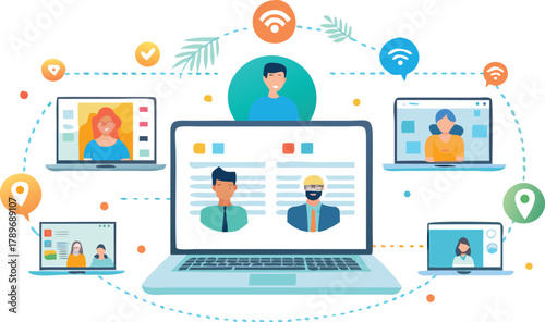 Diverse team members collaborating on a video conference call using a laptop illustrating remote work and digital communication