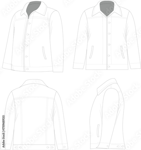 Men's jacket fashion flat technical drawing template with front, back, and side views for apparel design.