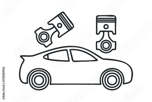 Line art automobile with engine pistons and mechanical parts