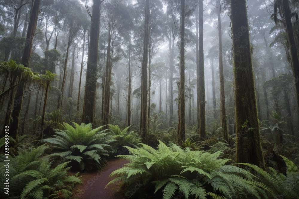 Fototapeta premium Mystischer Nebelwald mit Farnen und hohen Bäumen in Tasmanien, Australien