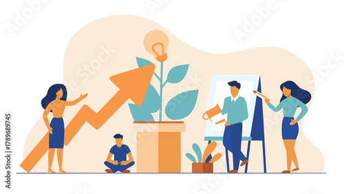 Illustration of people tending to potted plants symbolizing smart growth strategies and sustainable development with a focus on greenery and community engagement