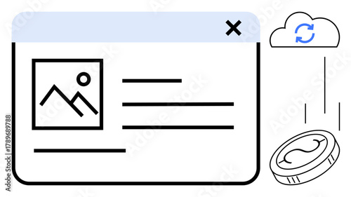 Browser window with image, text layout, coin flowing toward cloud refresh arrow. Ideal for cloud storage, digital payment, monetization, software, online services, data transfer technology concepts