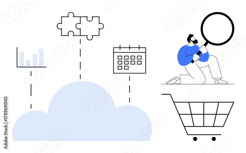 Man with magnifying glass assessing cloud-based data insights, puzzle pieces, calendar, and shopping cart. Ideal for cloud computing, e-commerce, analytics, problem-solving, digital marketing