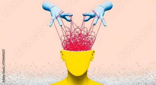 Conceptual artwork showing hands manipulating red strings connected to a yellow head, representing control and manipulation