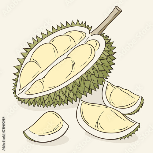 A delicious ripe durian fruit cut in half revealing its creamy yellow flesh and several slices nearby