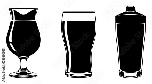 Drinkware icon set illustration in black and white line art showing tulip glass, pint glass, and cocktail shaker silhouettes