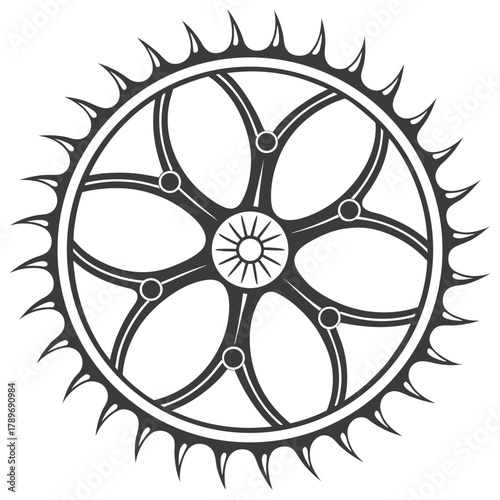 Intricate black and white illustration of a bicycle chainring with sharp teeth and a sunburst center