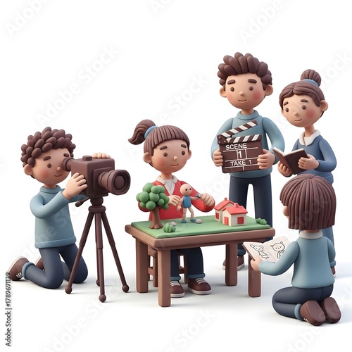 Group of cute 3D clay style characters filming a stop motion animation movie scene.