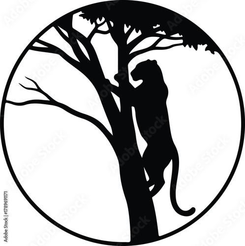 Illustration Leopard climbing tree in circle frame silhouette vector
