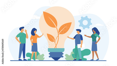 Diverse group of people collaborating on a startup idea brainstorming and developing innovative business concepts with colorful elements