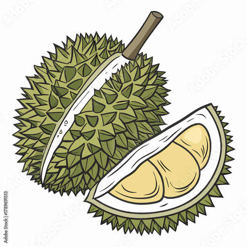 A whole durian fruit with a cut section revealing its creamy yellow flesh and seeds on a white background