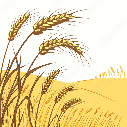Stylized illustration of golden wheat stalks swaying gently in a sunlit field under a bright white sky