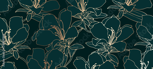 Luxury floral art with golden azalea flowers. Horizontal floral abstract background for decor, wallpaper or covers