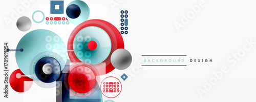 Abstract geometric shapes, circles, squares, red, blue hues. Modern design elements create dynamic composition. Minimalist style.