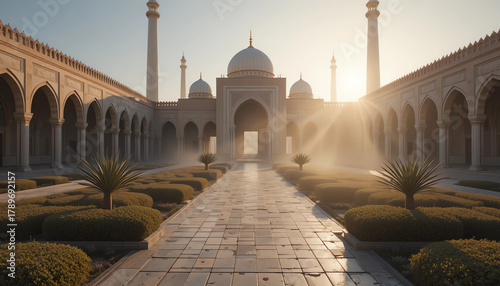 Desert mosque garden at sunrise, light mist and long shadows on mosaic tiles, 8K,