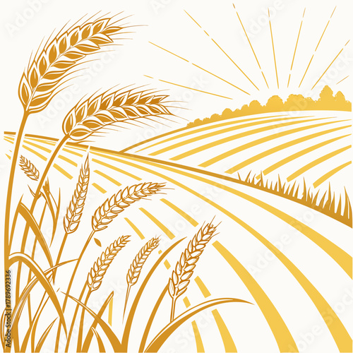 Golden wheat stalks sway gently in the foreground of a sunlit agricultural field with rolling hills and trees