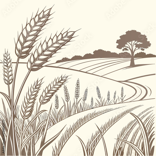 Stylized illustration of a golden wheat field with rolling hills and a solitary tree under a clear sky