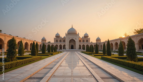 Islamic palace garden with marble walkway and orange sky, first light of day, adobe stock