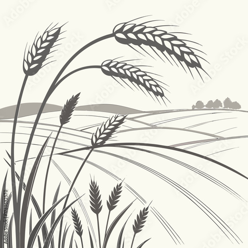 Stylized illustration of ripe wheat stalks in the foreground with rolling agricultural fields and distant trees under a pale sky