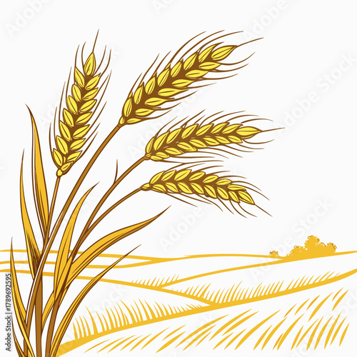 Golden wheat stalks sway gently in a stylized field under a bright sky representing harvest and abundance