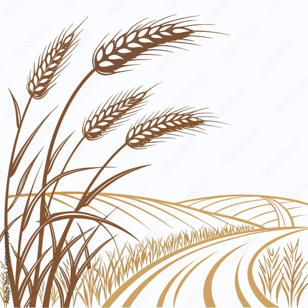 Fototapeta premium Stylized illustration of mature wheat stalks in the foreground with rolling golden fields and a winding path in the background