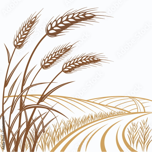 Stylized illustration of mature wheat stalks in the foreground with rolling golden fields and a winding path in the background