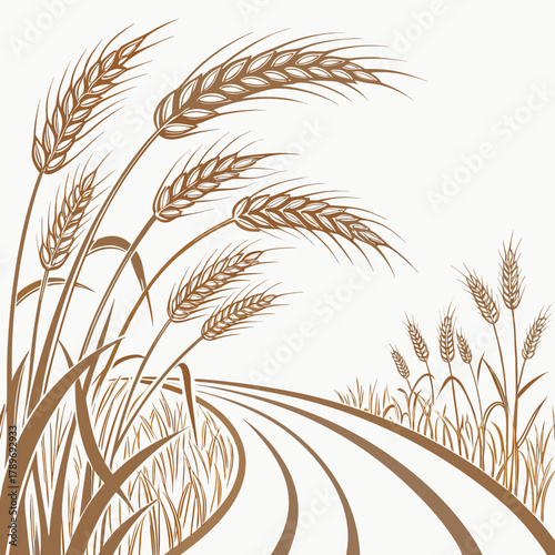 Stylized illustration of golden wheat stalks swaying gently in a field with curving pathways leading into the distance