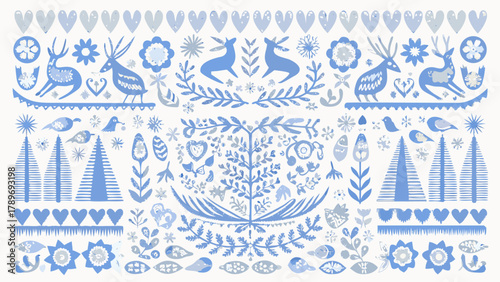 Enchanting Scandinavian folk art pattern with reindeer silhouette, evoking winter holiday magic and Nordic charm for festive designs