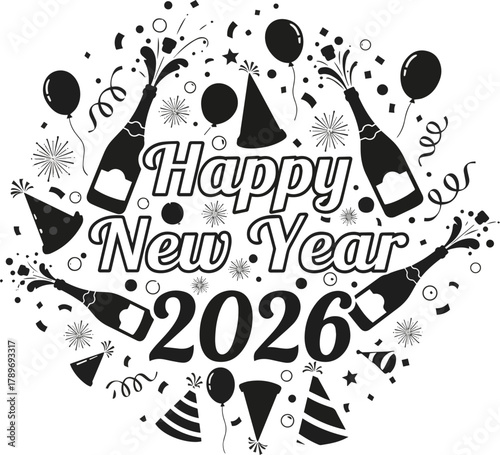 Create a Happy new year title design 2026 elements party vector art silhouette with white background..