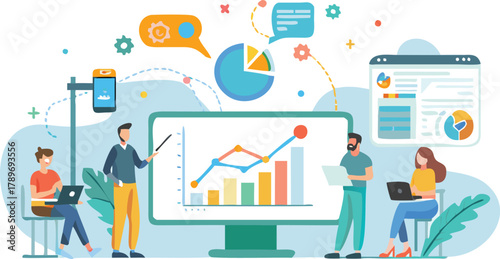 Diverse team of professionals collaborating on a digital analytics strategy visualizing data and planning for business growth and success