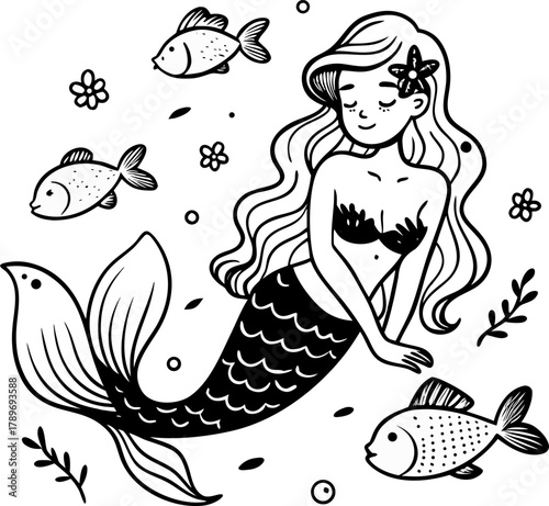 Mermaid lying on the seabed, with cute little fish. , line art vector , black and white , white background