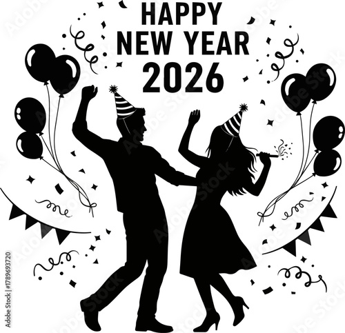 Create a Happy new year title design 2026 elements party man and women dancing vector art silhouette with white background..