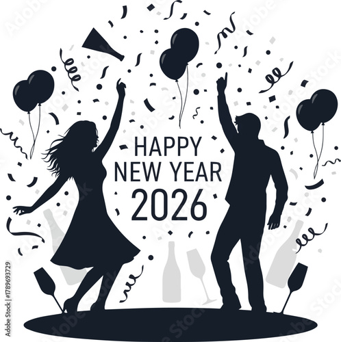 Create a Happy new year title design 2026 elements party man and women dancing vector art silhouette with white background..