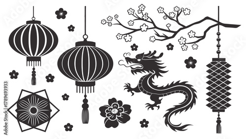 Dynamic Chinese dragon silhouette with lanterns and blossoms for festive cultural celebrations