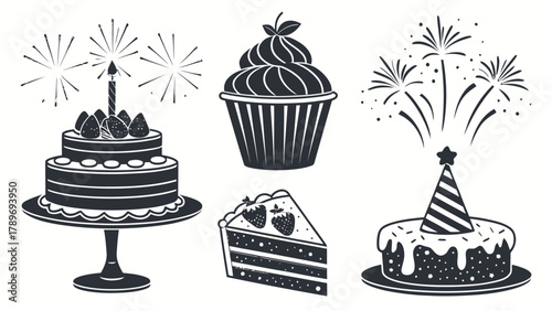 Celebratory birthday cake silhouette with fireworks, cupcakes, and party hats for festive occasions.